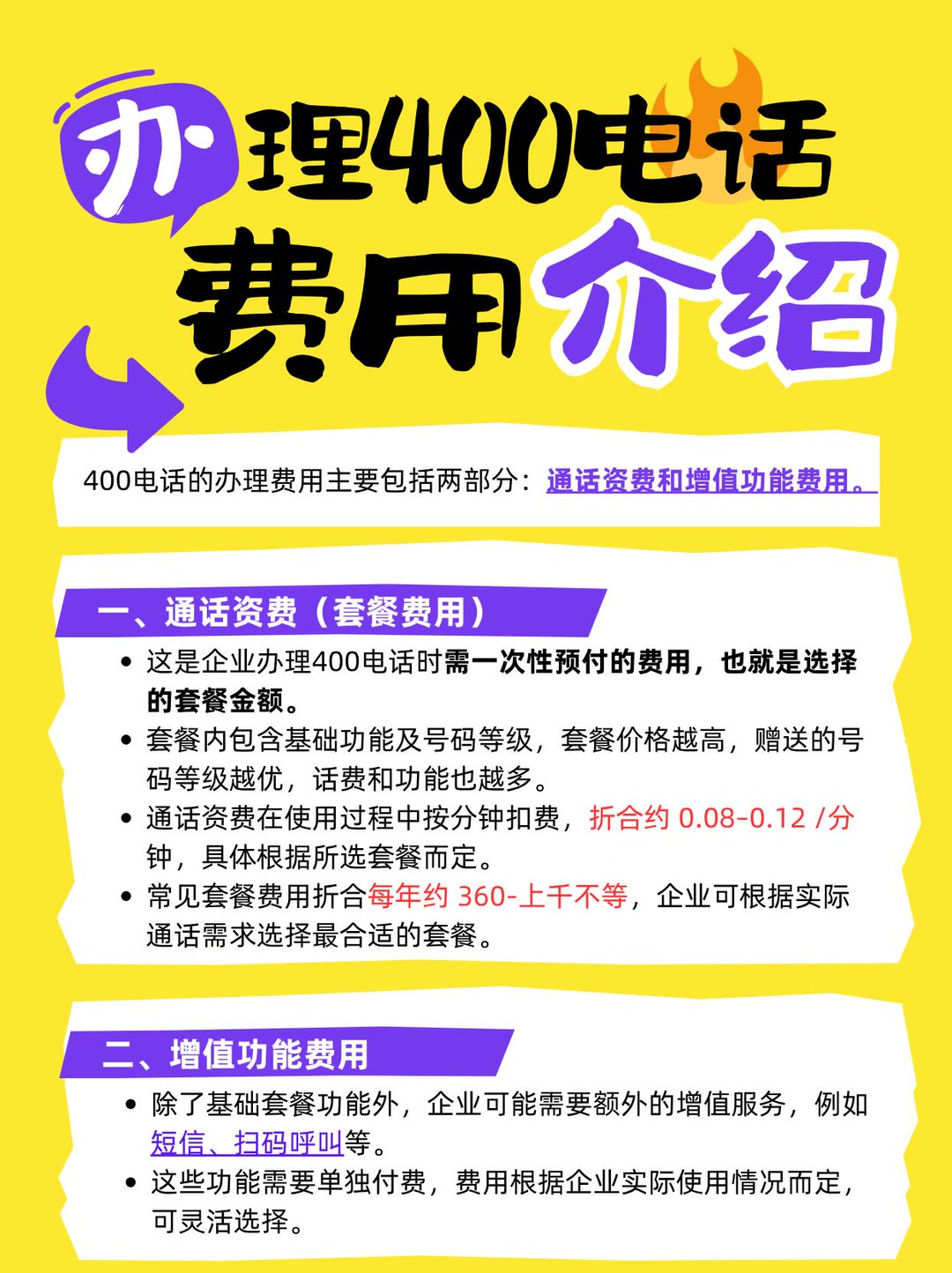 中小企业 400 电话收费标准一览，基础套餐预存扣费，增值功能单独付费，合理规划预算，办理稳定靠谱的企业官方热线