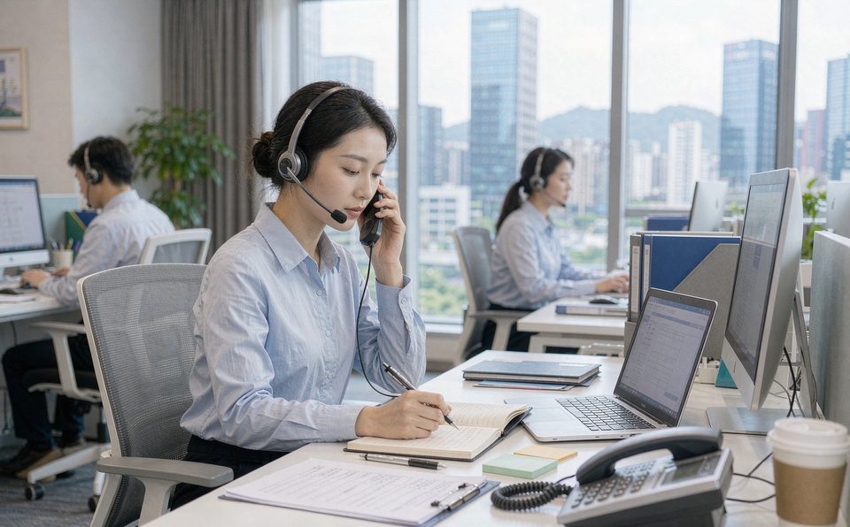 企业客服人员在客服中心接听并记录客户反馈